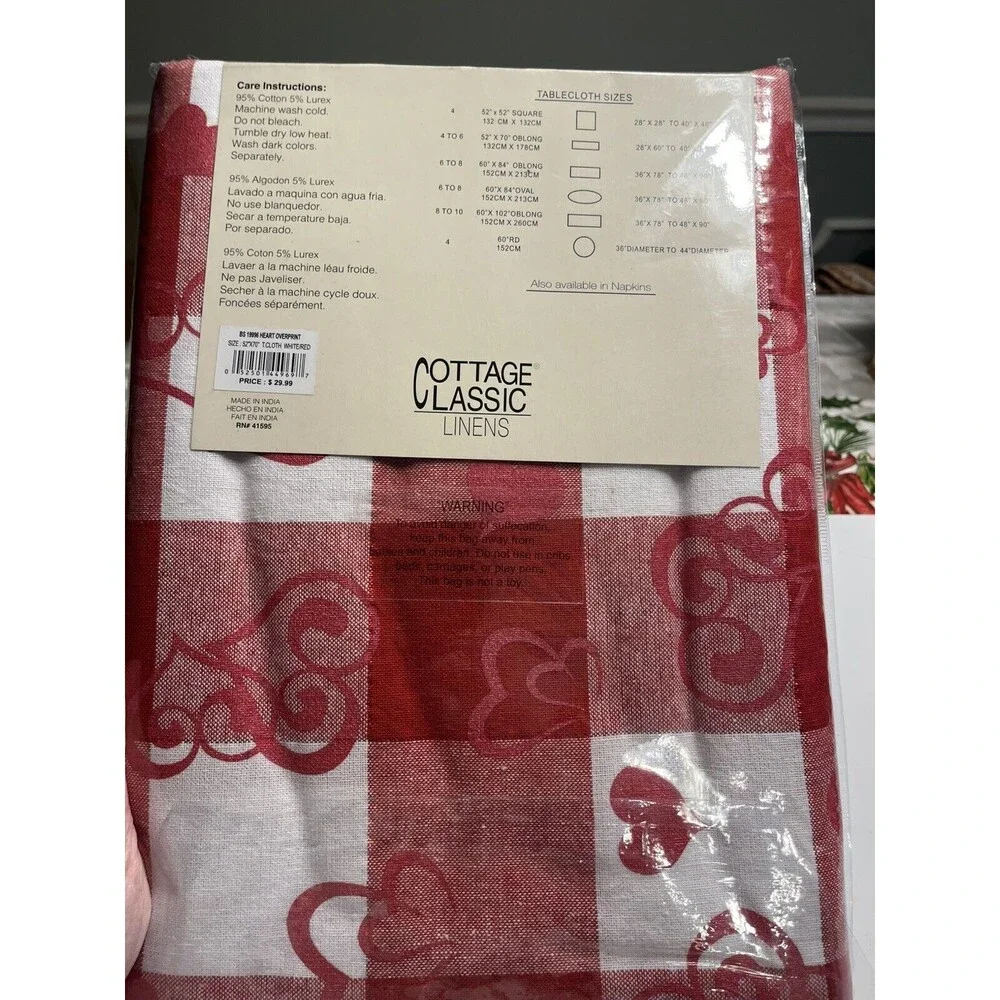 Cottage Classic Linens Red White Plaid Hearts Tablecloth 52”x70” Oblong